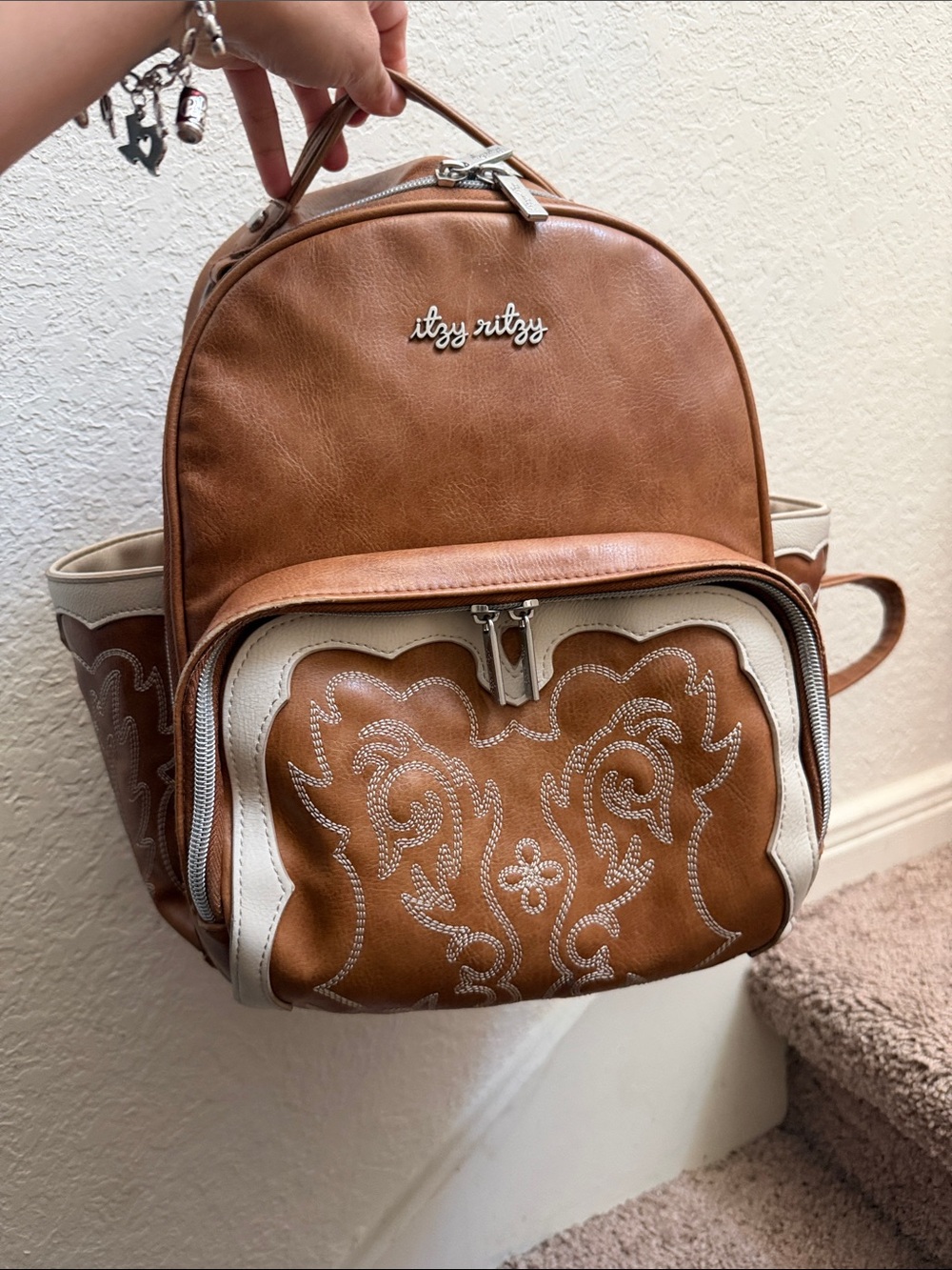 Itzy Ritzy Tan & Cream Embroidered Mini Backpack